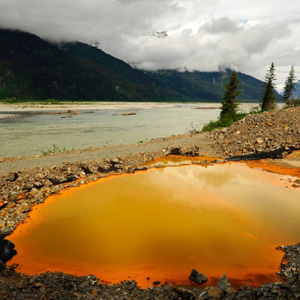 Acid drain from the Tulsequah Chief mine discolors a leaking contanimate pond next BC Chris Miller 1 1
