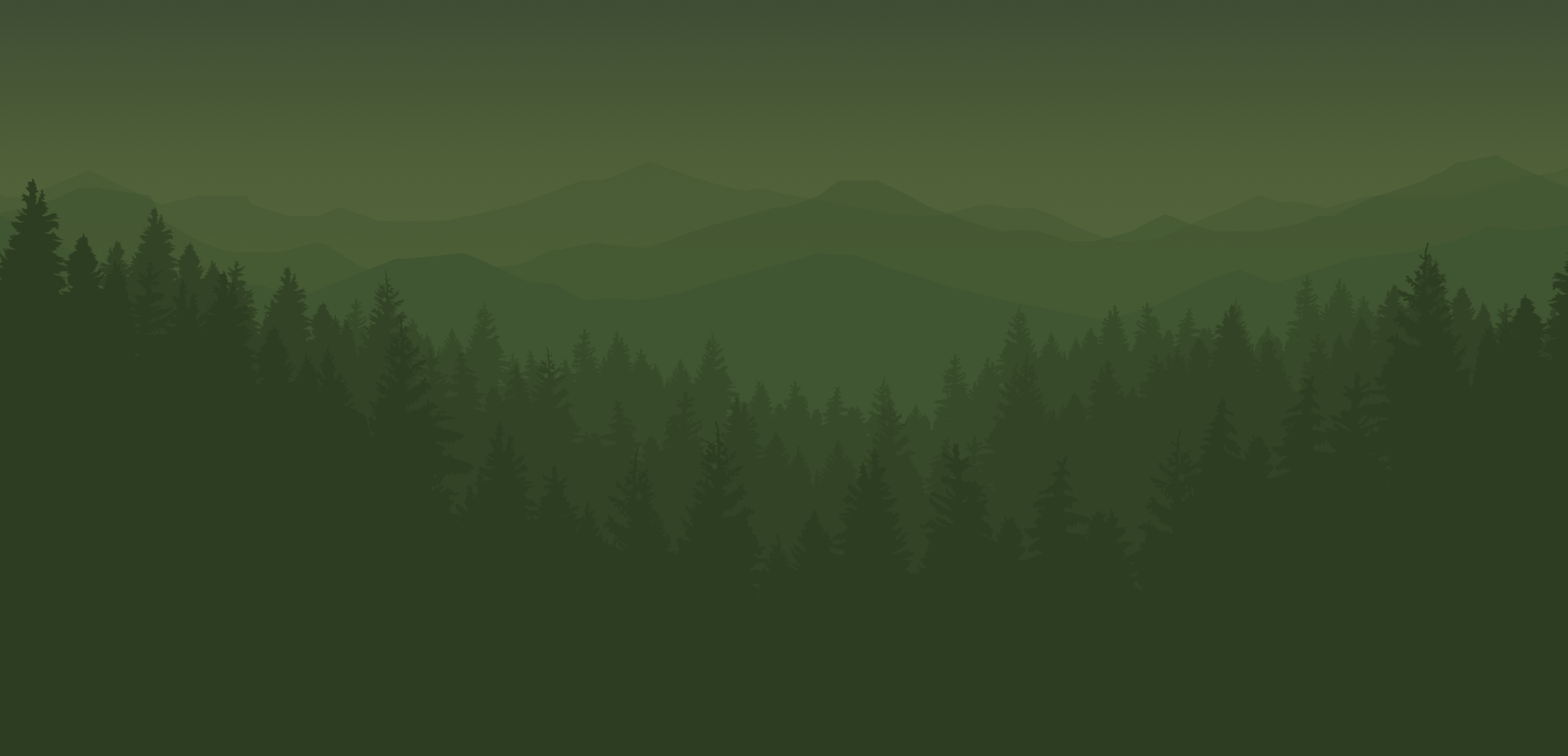 Illustrated silhouette of evergreen forests and mountain ranges in layered shades of green.
