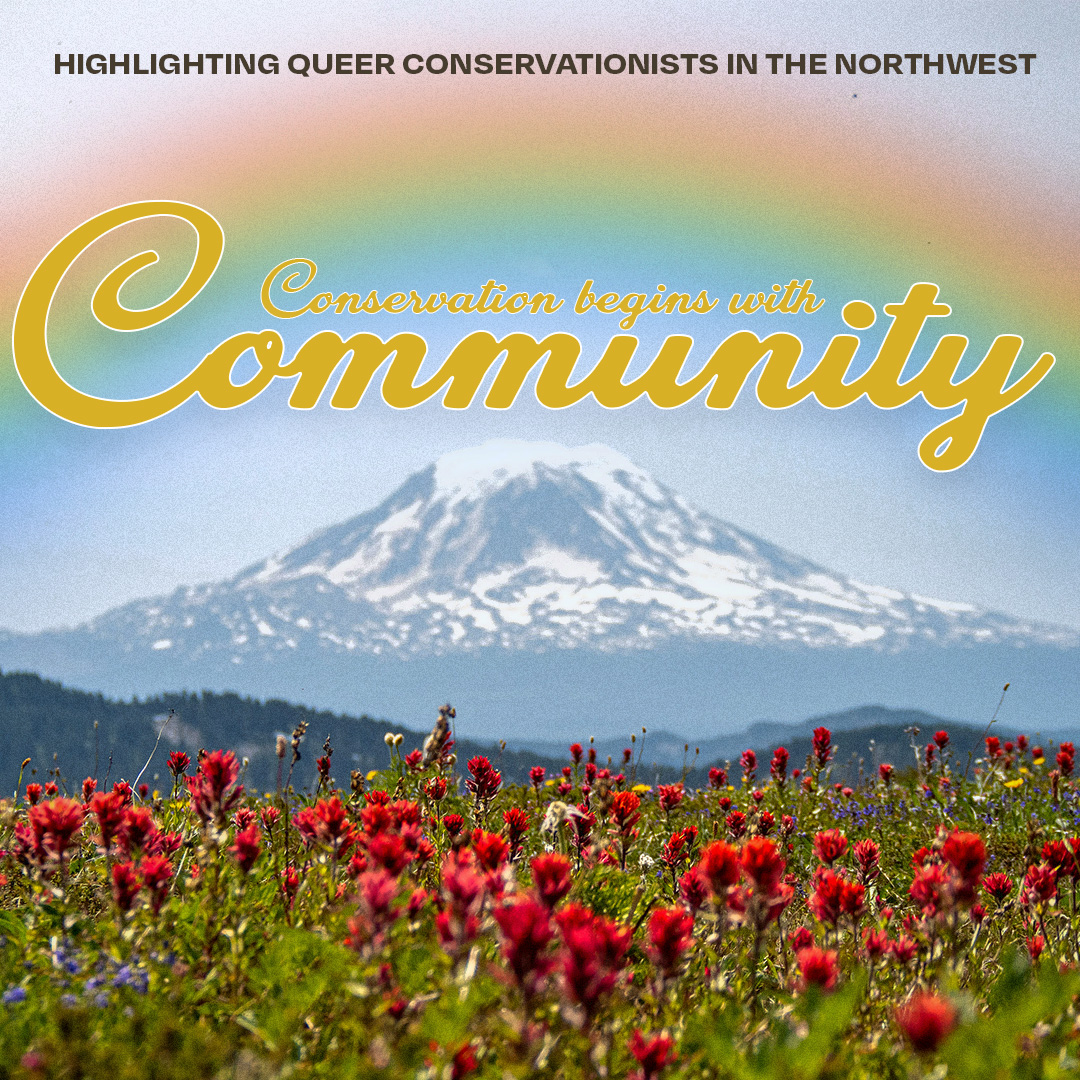 Mount Rainier rises behind a colorful wildflower meadow beneath the words "Conservation begins with Community."
