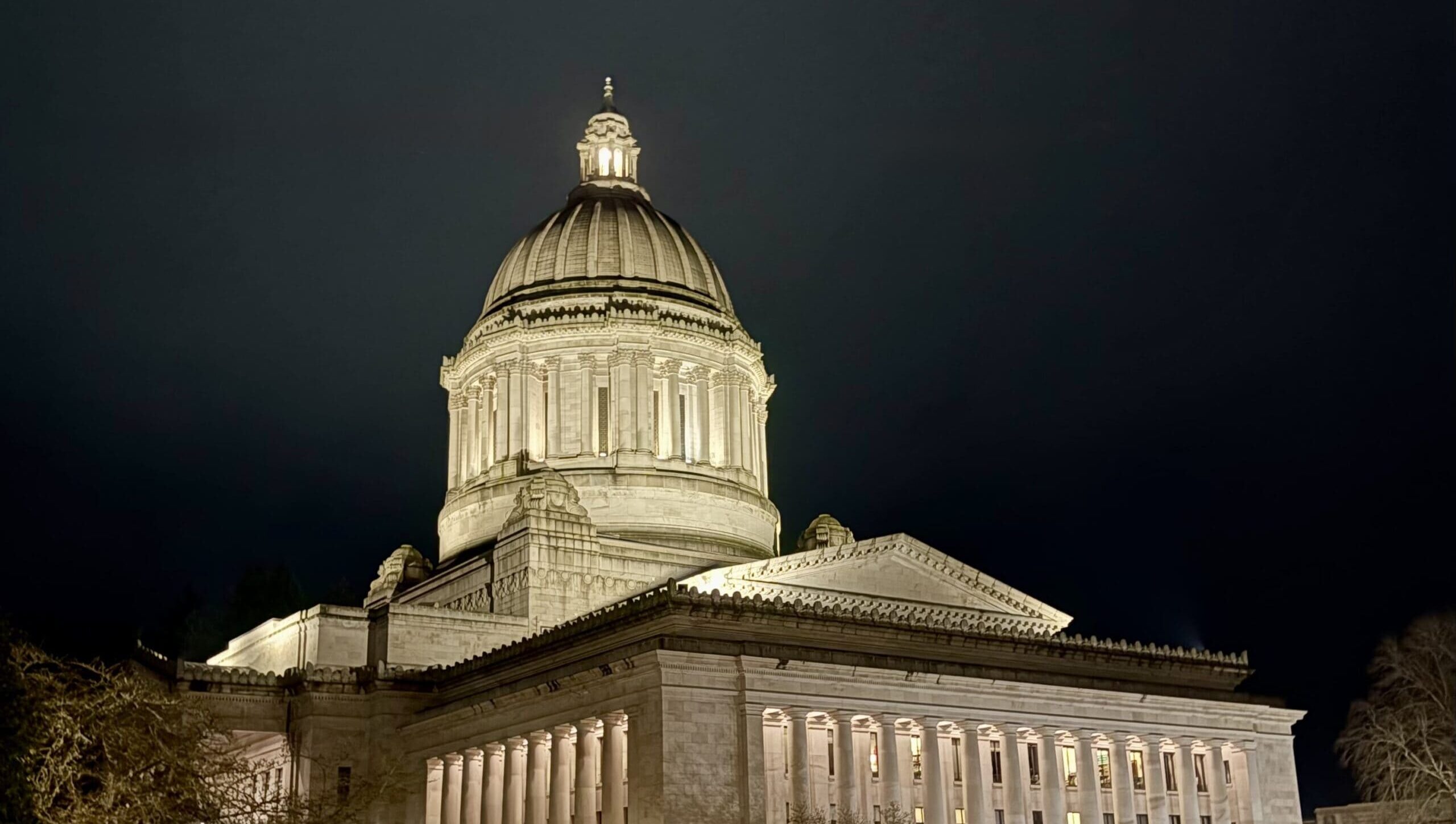A large domed capitol building is illuminated at night against a dark sky, showcasing its columns and detailed architecture.